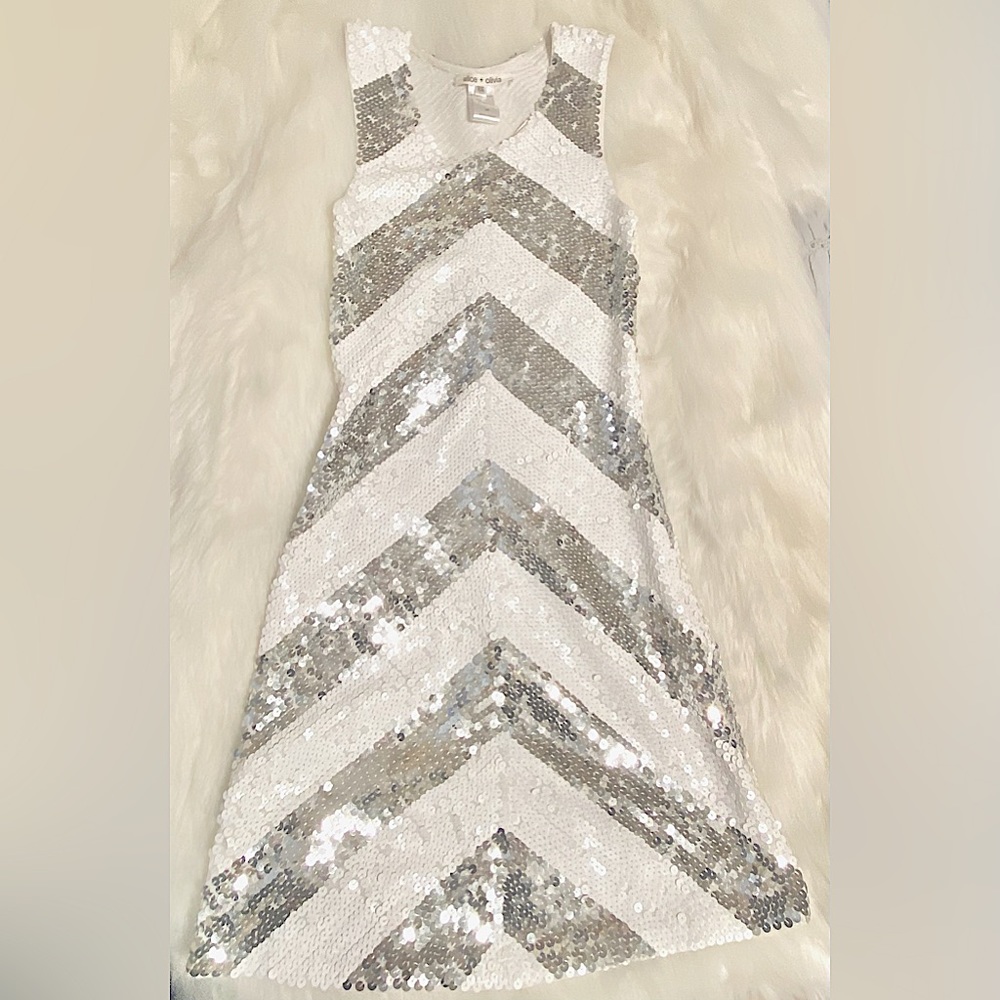 Silver and white sequin cocktail dress